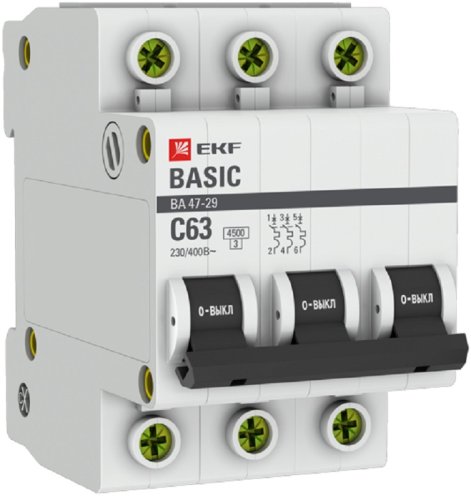 Выключатель автоматический EKF Basic ВА47-29 3п 63А C 4.5кА картинка